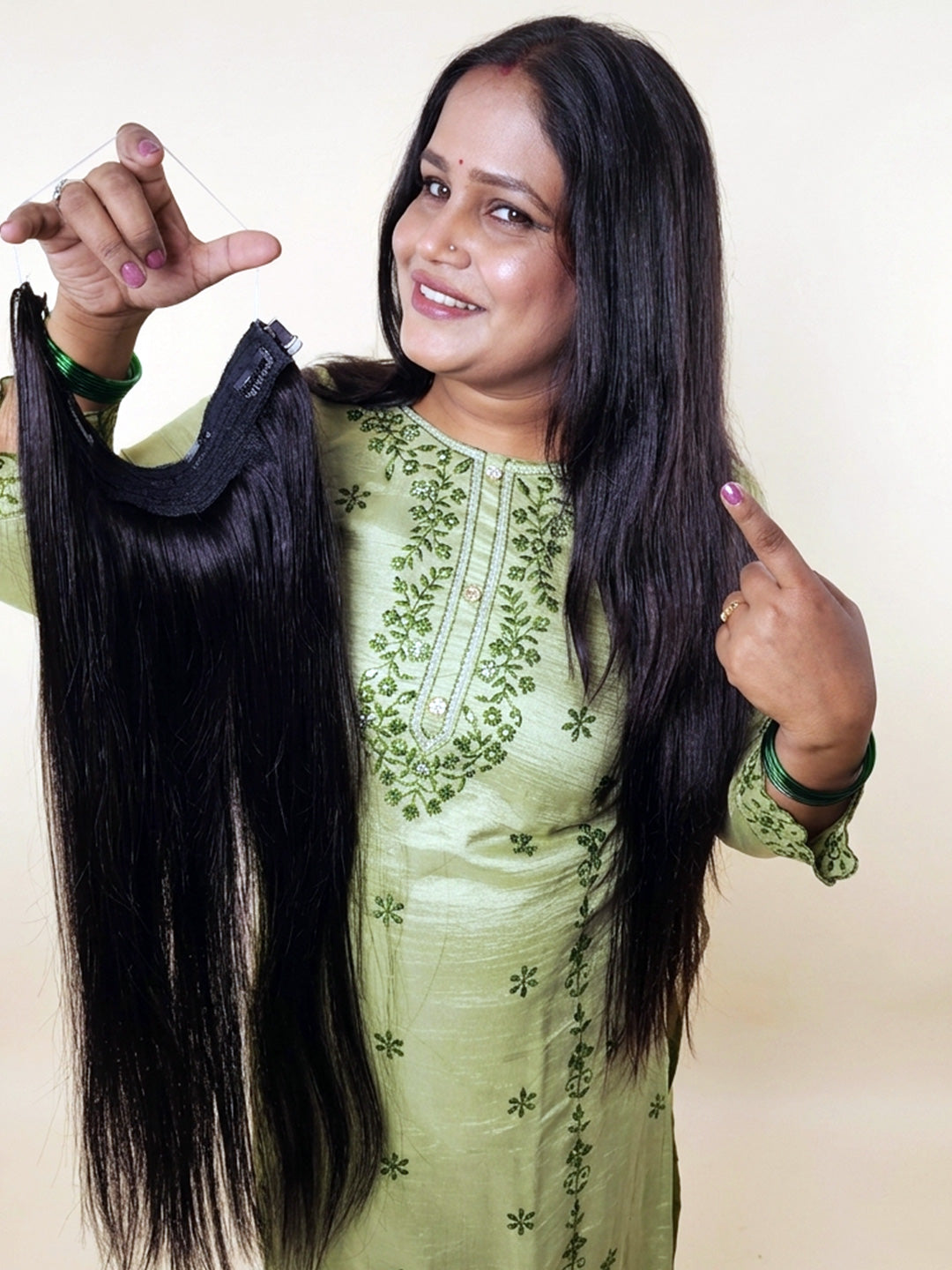 Natural Black Human Hair Extension with Band & Clip System